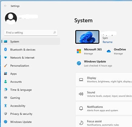 Settings options in Windows 11