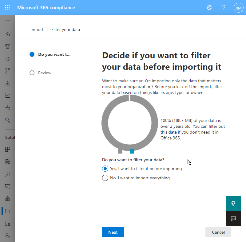 apply filters pst upload office365