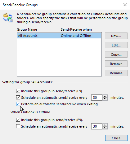 automatic send receive exit outlook