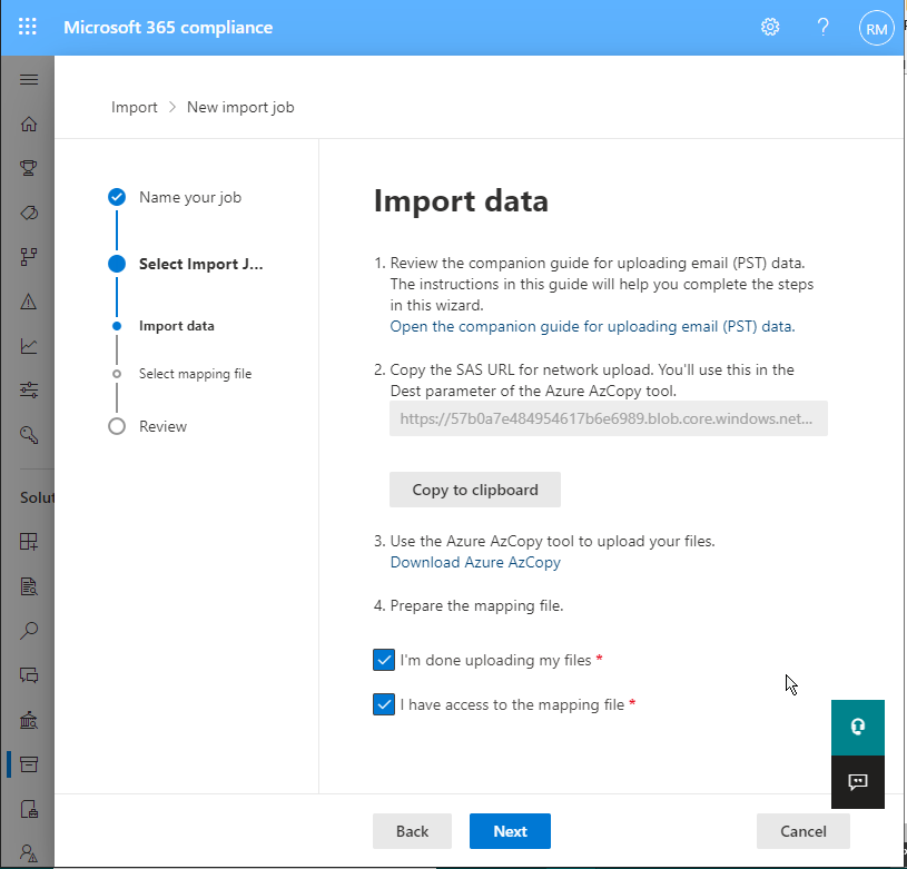 microsoft 365 compliance pst upload