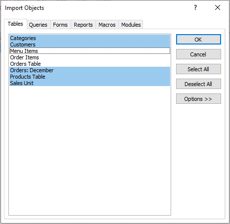 select objects to be imported