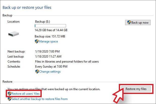Choose Restore Users' file on Backup or restore your files Window