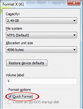 Formatez la carte SD à l'aide de l'option de formatage rapide.