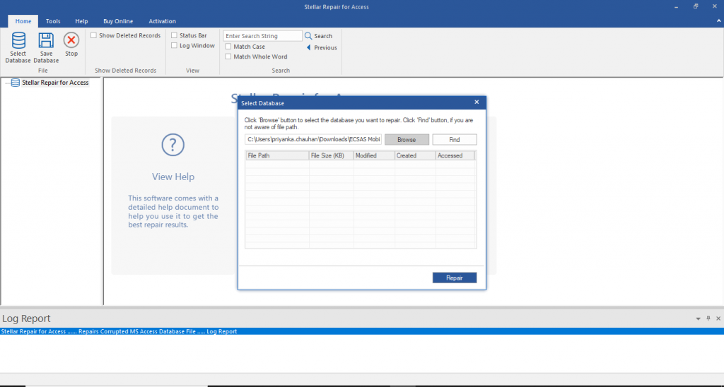 Initiate the database repair process by clicking the 'Repair' button after selecting the file.