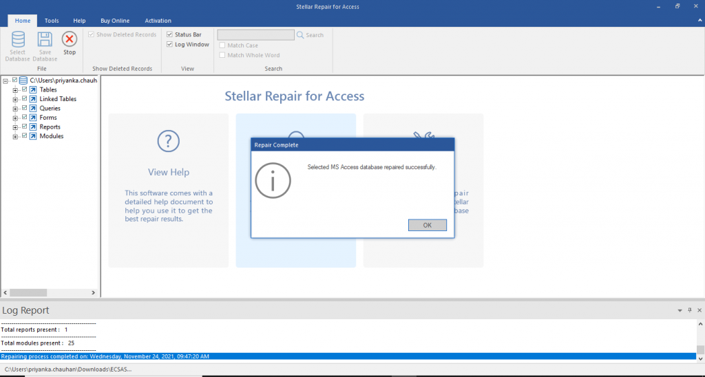 Monitor the repair progress through the software interface; upon completion, an alert will confirm the successful repair of the selected MS Access database with a message box prompting you to click 'OK'.