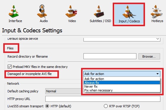 Use VLC to repair broken video files automatically