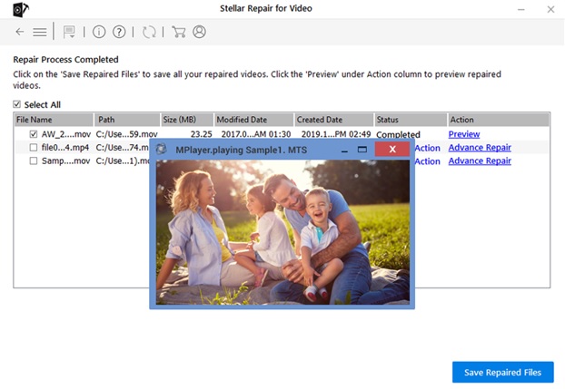 Preview and save repaired video files to desired location