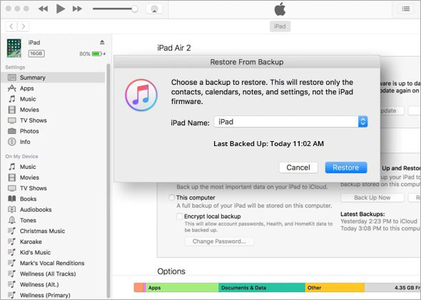 Restore iPad data from iTunes backup