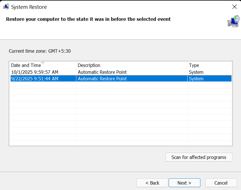 Choose a restore point you want to revert