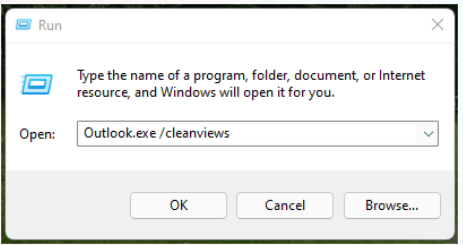 Type Outlook.exe cleanviews and click OK.
