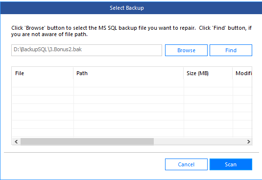 Browsing backup file in Stellar Repair for MSSQL Technician