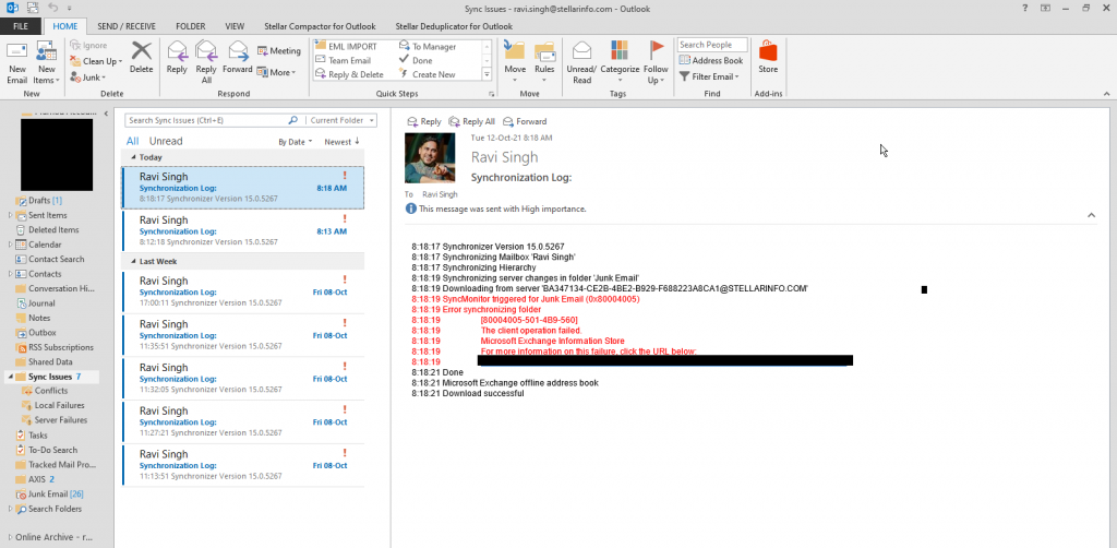 Outlook synchronization log issue