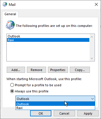 choose new profile as default outlook profile to fix imap sync issues