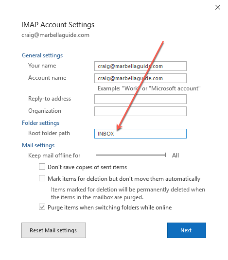 choose INBOX as root folder to fix imap sync issues