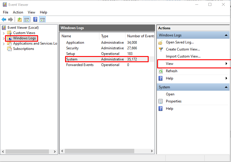 Checking View under System Windows