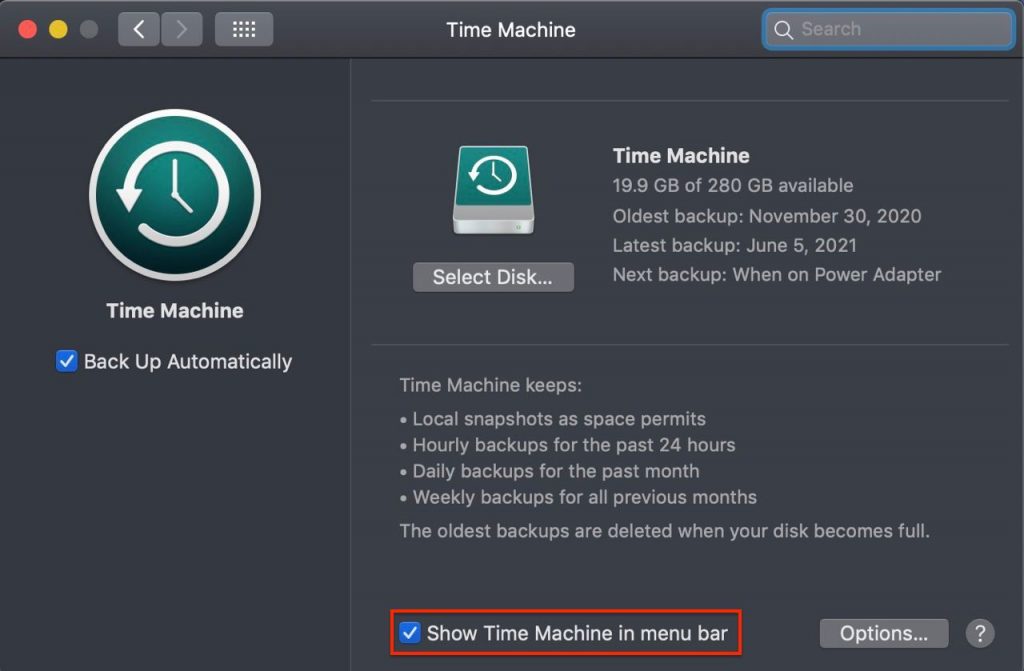 Set up the Show Time Machine in menu bar option