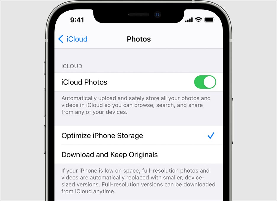 Disable Optimise iPhone Storage Option