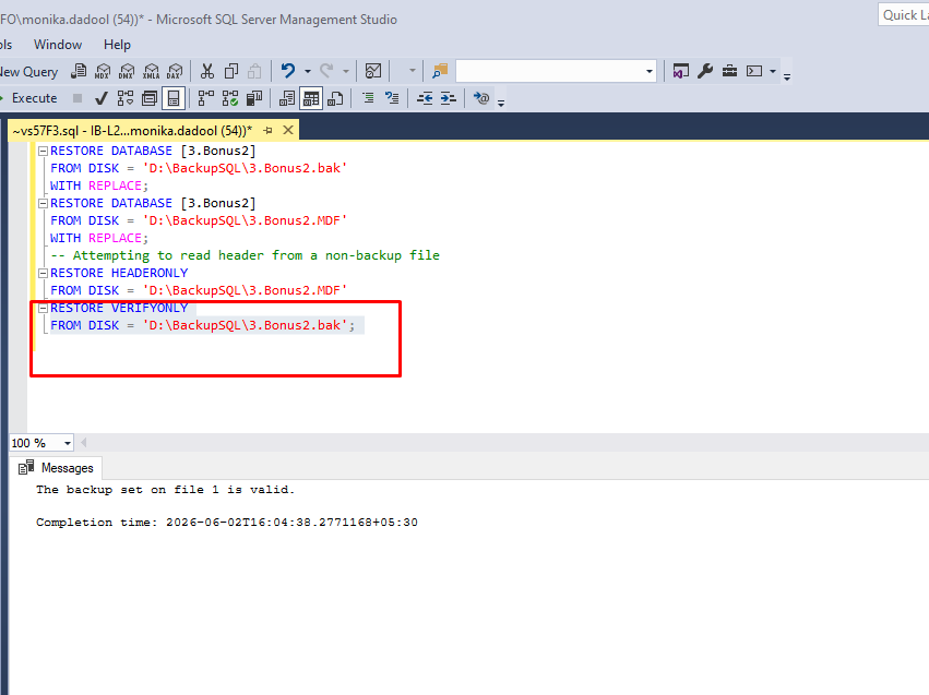 Running RESTORE VERIFYONLY Command to check backup