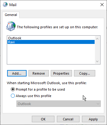 choose prompt for outlook profile option