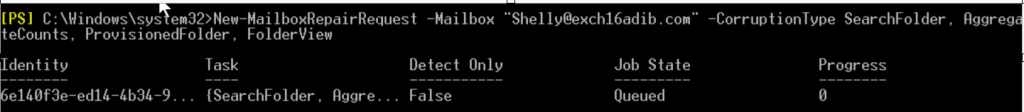 the New MailboxRepairRequest command (see the below example).