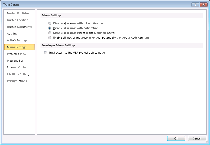 trust center macro settings