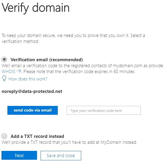 Domain verification Option in Office 365