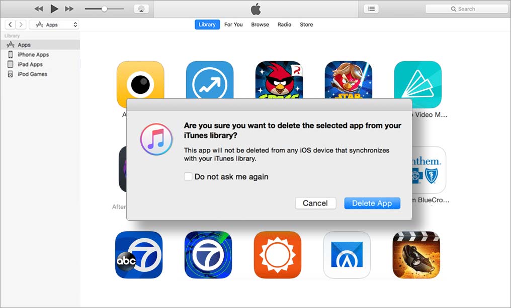 delete app in itunes