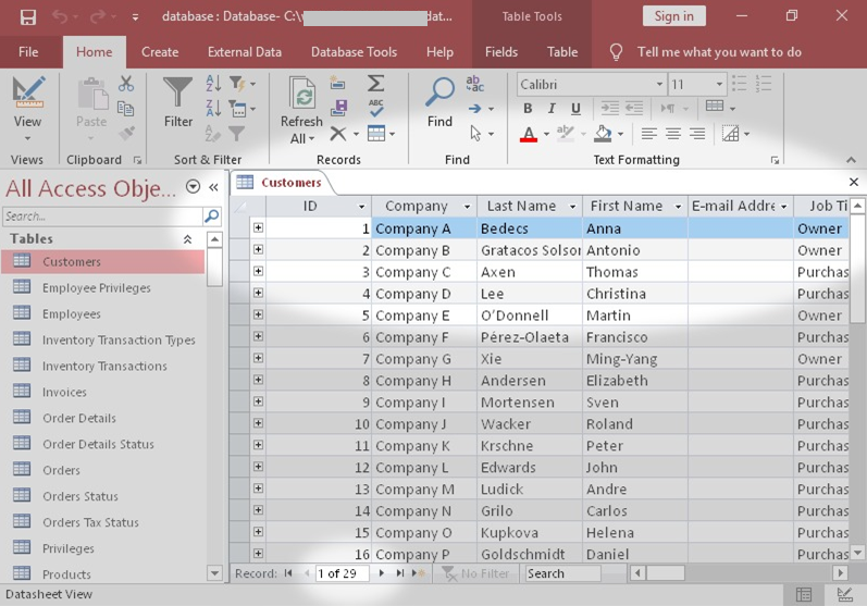 'Customers' table used to look in MS Access.