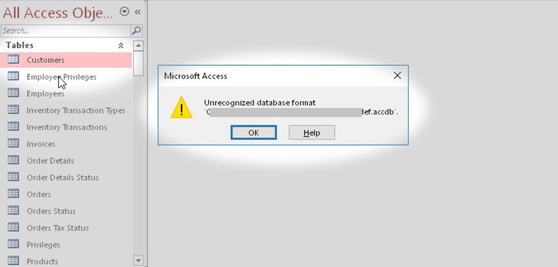 Microsoft Access unrecognized database format error