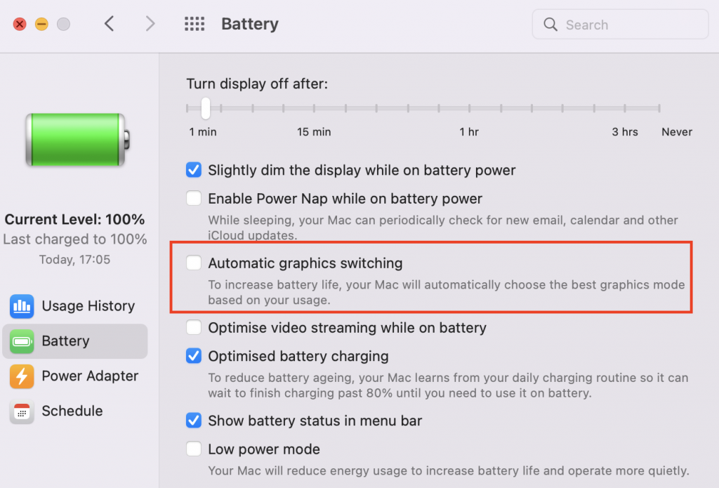 Deselect Automatic Graphics Switching in macOS Monterey