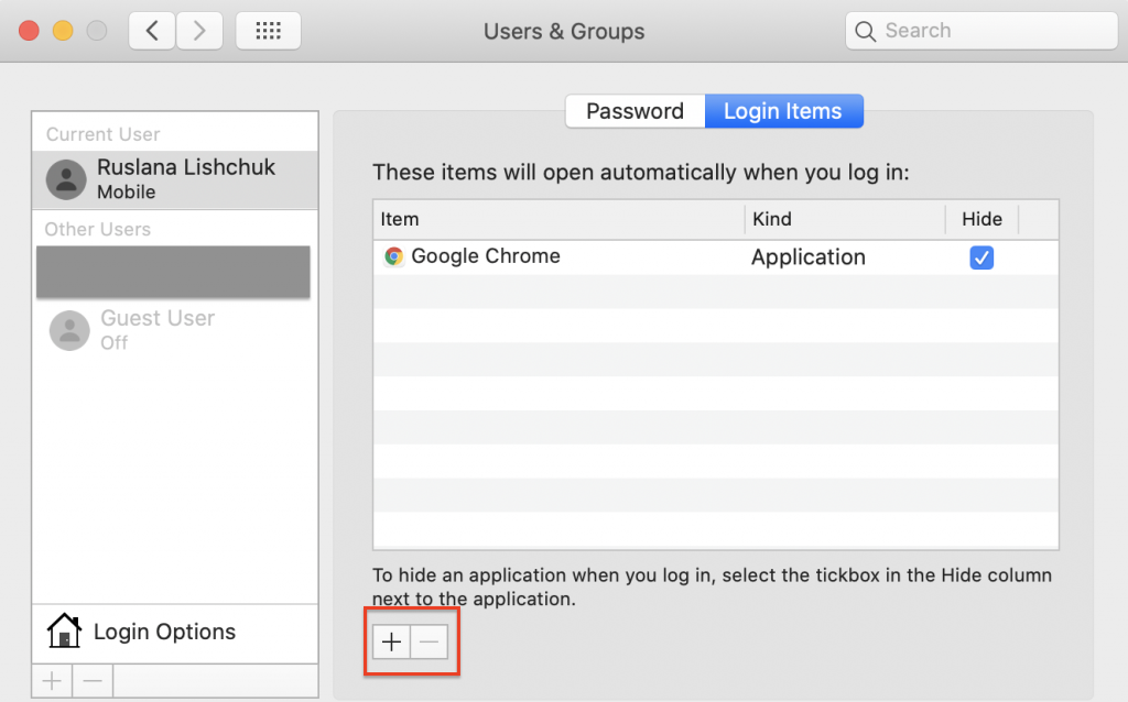 Users & Groups > Login Items tab
