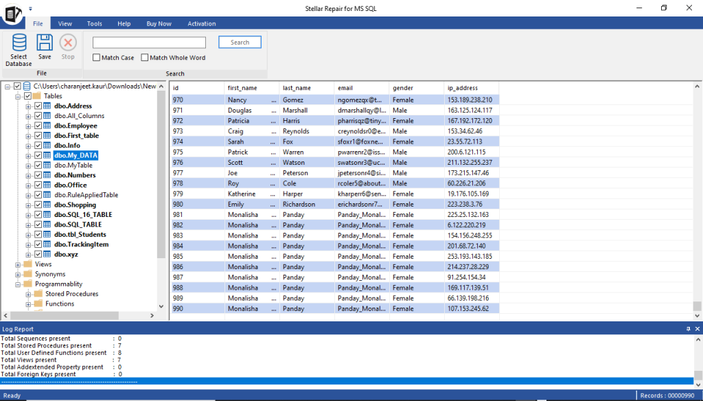 preview of repaired sql databaae components