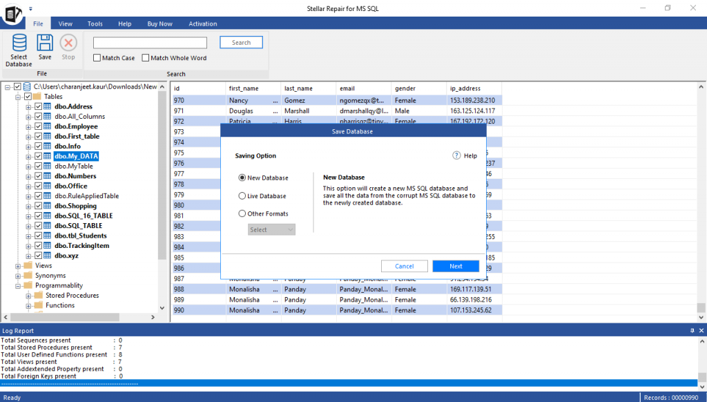 repaired database saving options