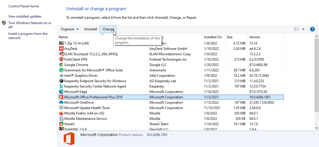 select microsoft office and click change