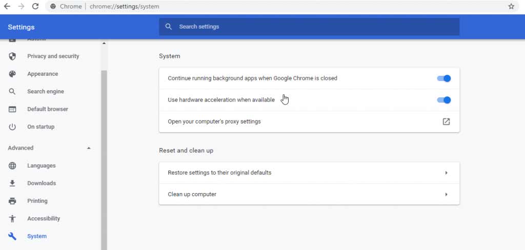 Chrome Settings for hardware acceleration