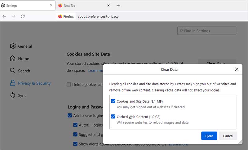 Firefox settings clear cache window