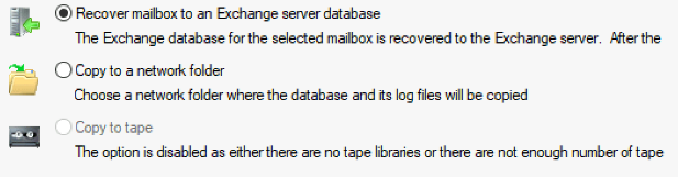 Recover mailbox to an Exchange Server database.