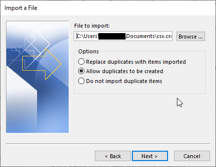 browse the csv or pst file for import