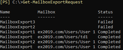 check get-mailboxexportrequest status