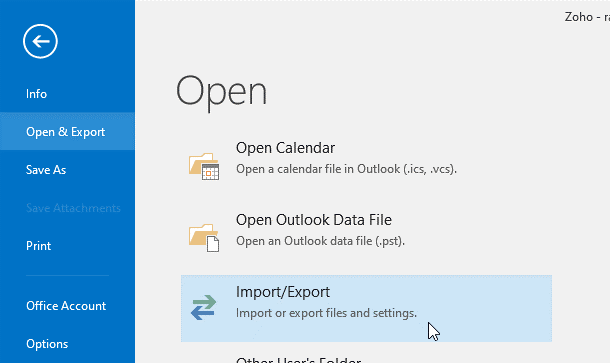 choose import export option