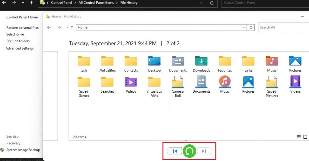 select files in File History window