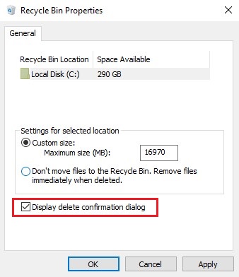 display delete confirmation box setting recycle bin