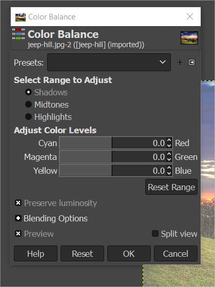 Color Balance box in Gimp