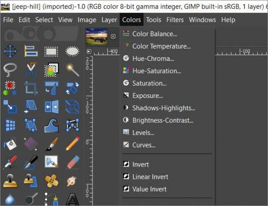 Menú de colores en Gimp