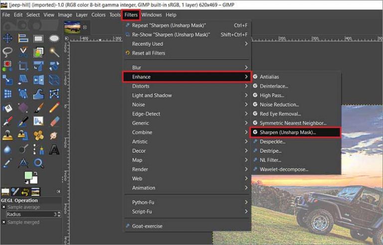 Options du menu Filtres dans Gimp