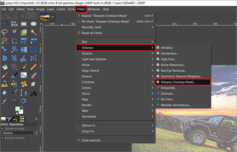 Filters menu options in Gimp