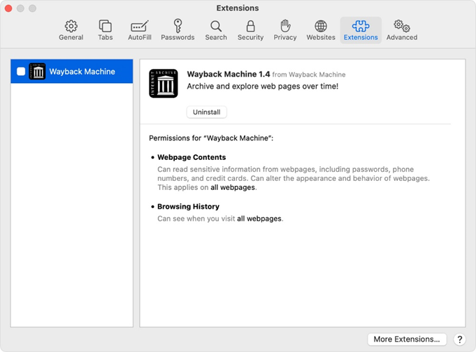 Uninstall Extensions option in Safari