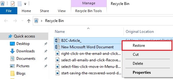 select files to restore from recycle bin