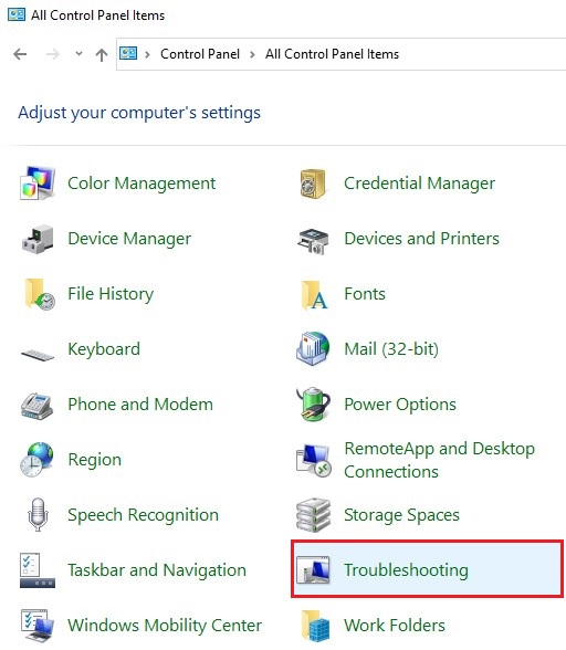 select-troubleshooting-from-control-panel