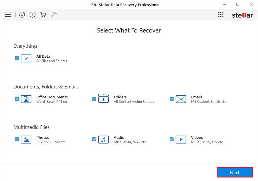 Select What to Recover Under Stellar Data Recovery Profession for Windows